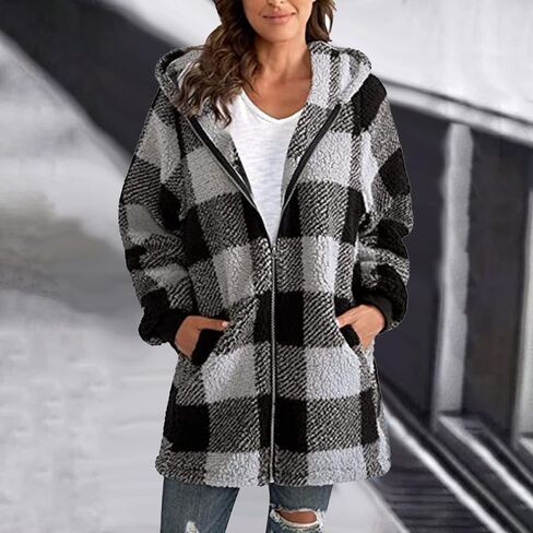 أكواخ للنساء 2024 Fall Flannel zip up غلاف منقوش غامض بالإضافة إلى حجم هوديسي طويل الشتاء مع جيب in Kuwait