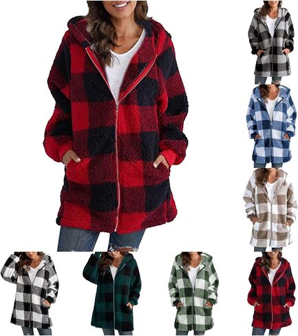 أكواخ للنساء 2024 Fall Flannel zip up غلاف منقوش غامض بالإضافة إلى حجم هوديسي طويل الشتاء مع جيب in Kuwait