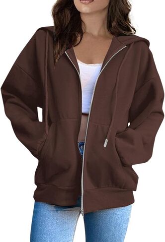Full Zip Up Hoodies for Women Baggy Fall Winter Fleece Sweatshirt Drawstring Comfy Lightweight Jacket Coats w/Pockets in Saudi Arabia