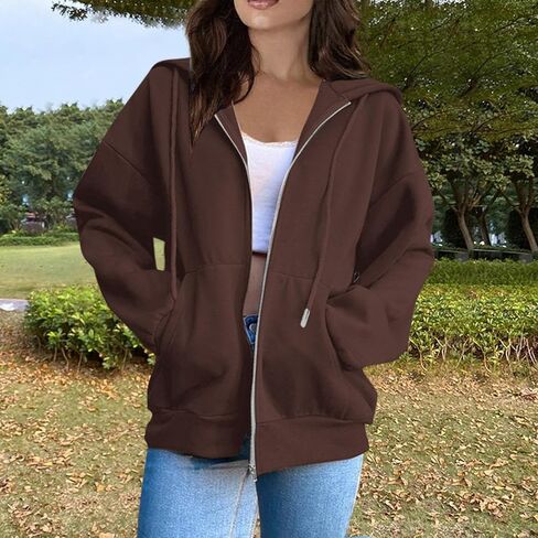 Full Zip Up Hoodies for Women Baggy Fall Winter Fleece Sweatshirt Drawstring Comfy Lightweight Jacket Coats w/Pockets in Saudi Arabia
