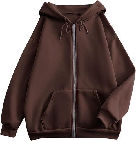Full Zip Up Hoodies for Women Baggy Fall Winter Fleece Sweatshirt Drawstring Comfy Lightweight Jacket Coats w/Pockets in Saudi Arabia