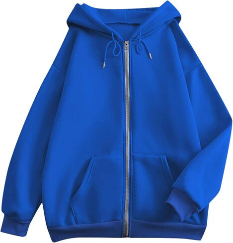 Full Zip Up Hoodies for Women Baggy Fall Winter Fleece Sweatshirt Drawstring Comfy Lightweight Jacket Coats w/Pockets in Saudi Arabia