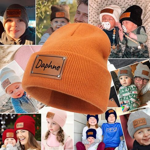 Custom Toddler Baby Beanies, Mama Mini Matching Hats, Leather Patch Baby Knit Hats, Winter Beanies for Infant, Kids Adults in Kuwait