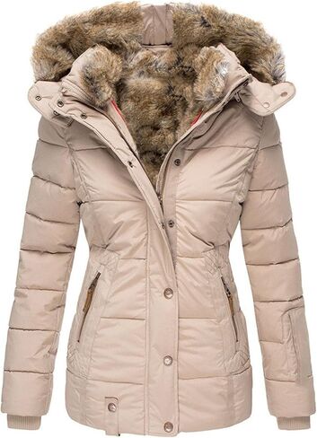 JEsilunmaMY Women's Fleece Lined Insulated Puffer Jacket Winter Coats Fur Hooded Down Parkas Slim Shearling Padded Jacket in Saudi Arabia