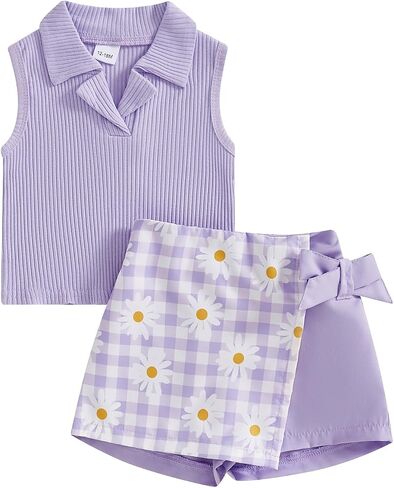 Toddler Baby Girl Summer Clothes Sleeveless Ribbed Tank Tops And Daisy Plaid Mini Skirt Set 2 Piece Skort Oufit in Saudi Arabia