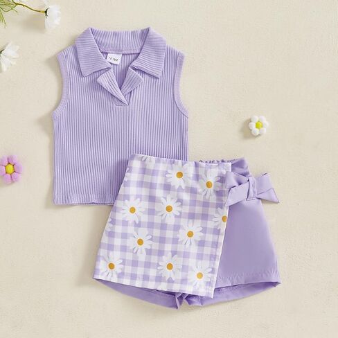 Toddler Baby Girl Summer Clothes Sleeveless Ribbed Tank Tops And Daisy Plaid Mini Skirt Set 2 Piece Skort Oufit in Saudi Arabia
