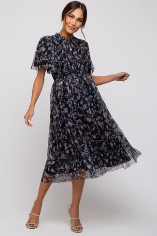 PinkBlush Floral Smocked Mesh Knit Maternity Midi Dress in Kuwait