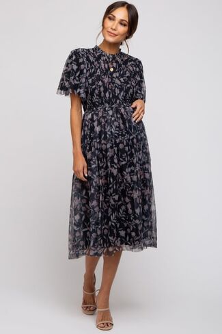 PinkBlush Floral Smocked Mesh Knit Maternity Midi Dress in Kuwait