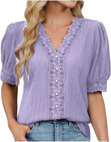 Womens Summer Casual V Neck Plain Lace Elegant Shirt Fashion Trendy Button Down Puff Sleeve Loose Fit Hollow Blouses in Saudi Arabia