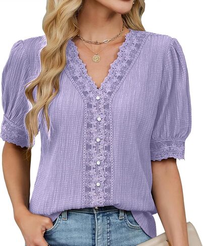 Womens Summer Casual V Neck Plain Lace Elegant Shirt Fashion Trendy Button Down Puff Sleeve Loose Fit Hollow Blouses in Saudi Arabia