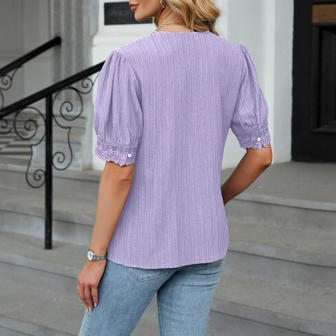 Womens Summer Casual V Neck Plain Lace Elegant Shirt Fashion Trendy Button Down Puff Sleeve Loose Fit Hollow Blouses in Saudi Arabia