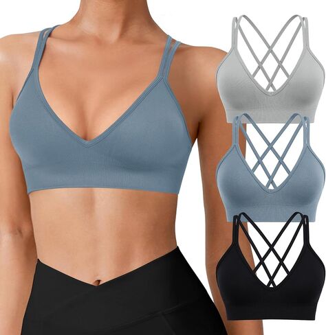 VEQKING Strappy Women Sports Bra V-Neck Criss Cross Back Padded Yoga Bra Seamless Workout Bras Spaghetti Strap Bralettes in Saudi Arabia