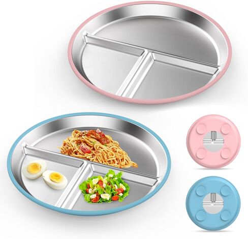 Stainless Steel Kids Plates (2 Pack): 9" Divided Plates with Silicone Suction for Babies, Unbreakable Dinner Dishes for Toddlers, Non Toxic, BPA Free, Anti-Slip, Dishwasher Safe (Bule & Pink) in Saudi Arabia