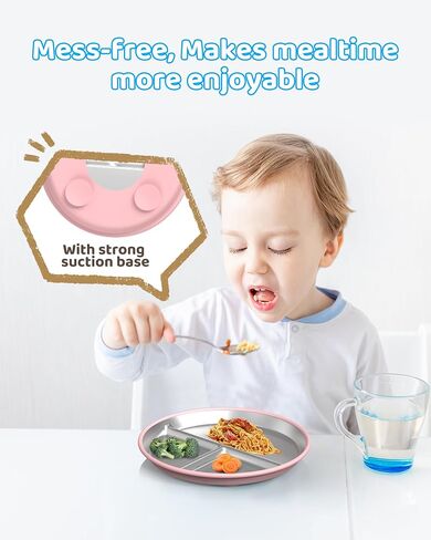 Stainless Steel Kids Plates (2 Pack): 9" Divided Plates with Silicone Suction for Babies, Unbreakable Dinner Dishes for Toddlers, Non Toxic, BPA Free, Anti-Slip, Dishwasher Safe (Bule & Pink) in Saudi Arabia