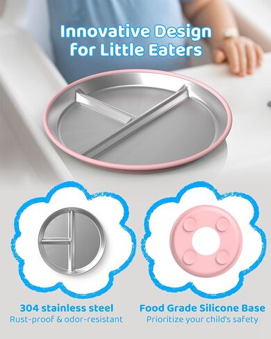 Stainless Steel Kids Plates (2 Pack): 9" Divided Plates with Silicone Suction for Babies, Unbreakable Dinner Dishes for Toddlers, Non Toxic, BPA Free, Anti-Slip, Dishwasher Safe (Bule & Pink) in Saudi Arabia
