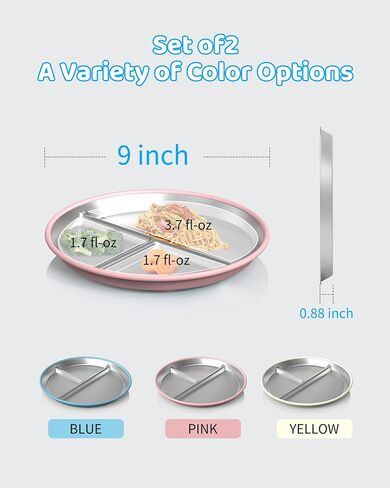Stainless Steel Kids Plates (2 Pack): 9" Divided Plates with Silicone Suction for Babies, Unbreakable Dinner Dishes for Toddlers, Non Toxic, BPA Free, Anti-Slip, Dishwasher Safe (Bule & Pink) in Saudi Arabia