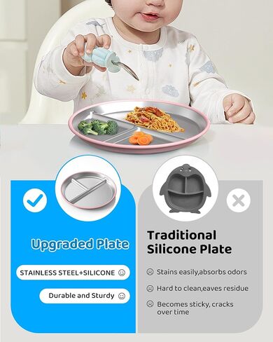 Stainless Steel Kids Plates (2 Pack): 9" Divided Plates with Silicone Suction for Babies, Unbreakable Dinner Dishes for Toddlers, Non Toxic, BPA Free, Anti-Slip, Dishwasher Safe (Bule & Pink) in Saudi Arabia