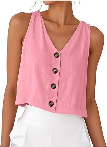 Crop Tank Tops for Women Solid Color V Neck Sleeveless Button Down Cropped T Shirts Summer Casual Beach Vacation Tops in Kuwait