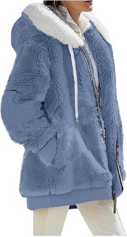 Women 2023 Winter Fuzzy Fleece Coat Plus Size Plush Fluffy Sweatshirt Hoodie with Pockets Parka Loose Blazer Hooded in Saudi Arabia