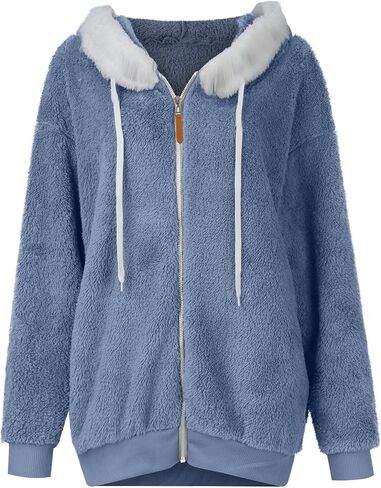 Women 2023 Winter Fuzzy Fleece Coat Plus Size Plush Fluffy Sweatshirt Hoodie with Pockets Parka Loose Blazer Hooded in Saudi Arabia