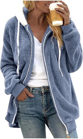 Women 2023 Winter Fuzzy Fleece Coat Plus Size Plush Fluffy Sweatshirt Hoodie with Pockets Parka Loose Blazer Hooded in Saudi Arabia