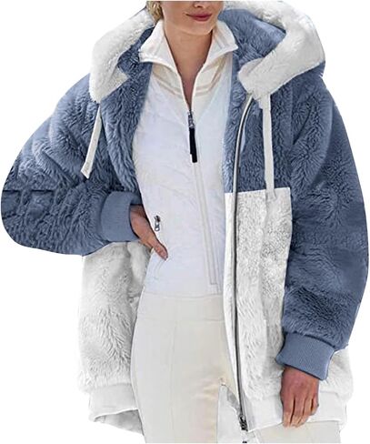 Women 2023 Winter Fuzzy Fleece Coat Plus Size Plush Fluffy Sweatshirt Hoodie with Pockets Parka Loose Blazer Hooded in Saudi Arabia