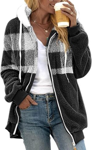 Women 2023 Winter Fuzzy Fleece Coat Plus Size Plush Fluffy Sweatshirt Hoodie with Pockets Parka Loose Blazer Hooded in Saudi Arabia