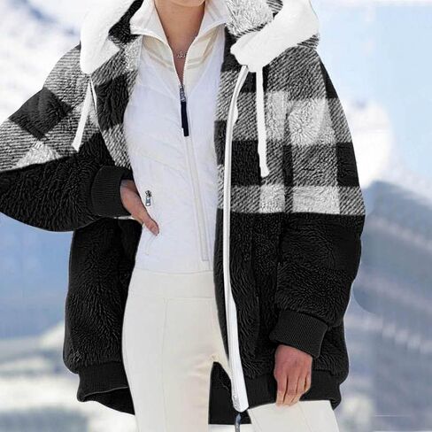 Women 2023 Winter Fuzzy Fleece Coat Plus Size Plush Fluffy Sweatshirt Hoodie with Pockets Parka Loose Blazer Hooded in Saudi Arabia