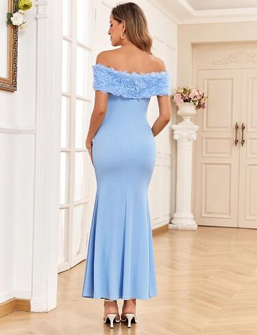 3D Floral Off The Shoulder Maternity Dress Sexy Ribbed Mermaid Maxi Bodycon Pregnancy Dresses Baby Shower in Saudi Arabia