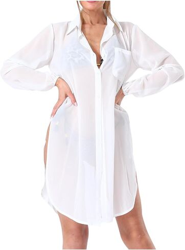 Casual Swimsuit Cover Up For Women Loose Casual Bikini Beach Coverups Sheer Mesh Long Sleeve Buttons T Shirt Dress in Saudi Arabia