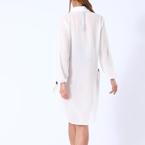 Casual Swimsuit Cover Up For Women Loose Casual Bikini Beach Coverups Sheer Mesh Long Sleeve Buttons T Shirt Dress in Saudi Arabia