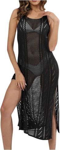 Women Bathing Suit Cover Up Sheer Mesh Hollow Out Long Dress Sling Bikini Coverups Side Slits Solid Summer Swimsuit in Saudi Arabia