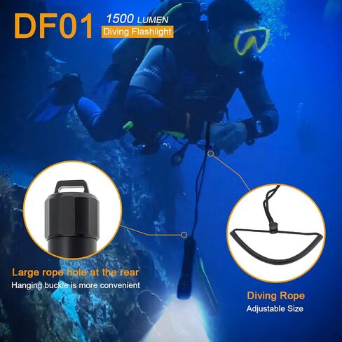 مصباح غوص DFM01 1800LM من SecurityIng، مصباح غوص مقاوم للماء IPX8، تحكم مغناطيسي، 5 أوضاع ضوء غوص، مصباح يدوي تحت الماء قابل لإعادة الشحن للغطس ورحلات الغوص in Saudi Arabia
