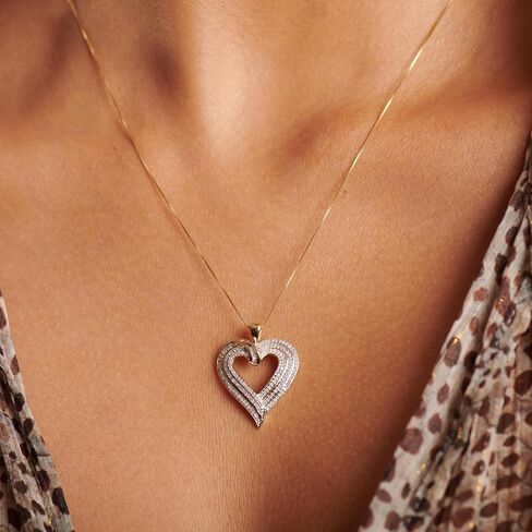 Jewelili Heart Necklace Pendant with Natural White Round and Baguette Diamonds 1/2 Cttw in 10K White or Yellow Gold 18" Box Chain in Saudi Arabia