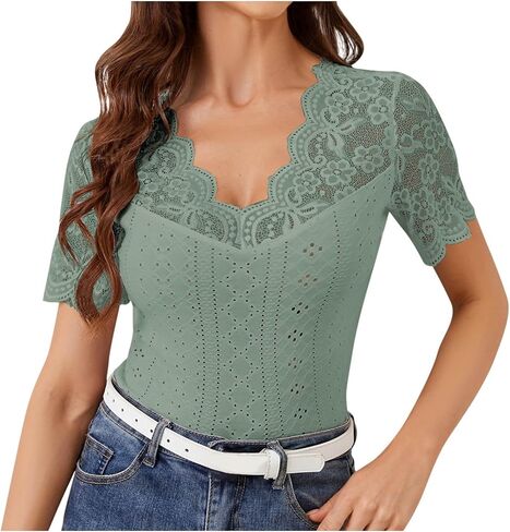 Womens Lace Crop Tops Lace Trim V Neck Shirts Short Sleeve Dressy Casual Tshirts Going Out Summer Tops Tees in Saudi Arabia