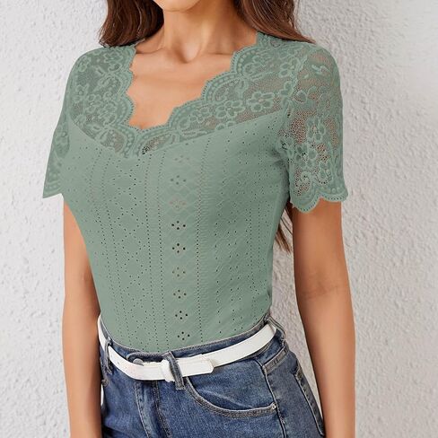 Womens Lace Crop Tops Lace Trim V Neck Shirts Short Sleeve Dressy Casual Tshirts Going Out Summer Tops Tees in Saudi Arabia