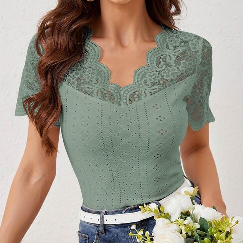 Womens Lace Crop Tops Lace Trim V Neck Shirts Short Sleeve Dressy Casual Tshirts Going Out Summer Tops Tees in Saudi Arabia