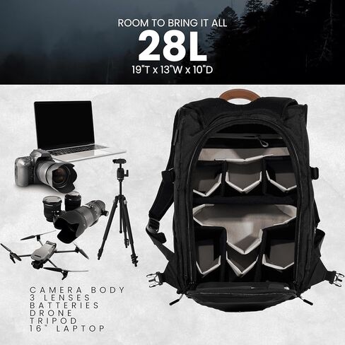 28L Camera Backpack Bag for Men or Women Photographers with Waterproof Rainfly, Laptop Sleeve & Removable Hip Belt | For Large or Small DSLR/Mirrorless Cameras | Black in Kuwait