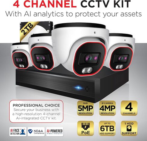 Surveillance Camera System with AI Object Recognition – 8CH NVR, 8 x 4MP PoE CCTV Cameras, HDD 2TB, Dome/Turret, H.265, Audio, Hybrid LED, IP67 Waterproof, IR 20m in Saudi Arabia