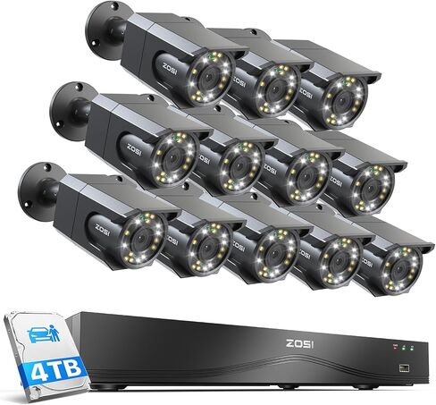 ZOSI 4K 16CH PoE Security Camera System, 16 x 8MP PoE Cameras Outdoor with Starlight Color Night Vision, Light Alarm, Human Detection, 4K 16CH H.265+ NVR (Expandable to 32CH), 4TB HDD for 24/7 Record in Saudi Arabia