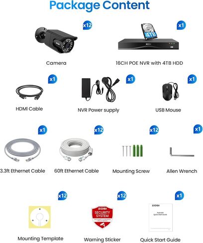 ZOSI 4K 16CH PoE Security Camera System, 16 x 8MP PoE Cameras Outdoor with Starlight Color Night Vision, Light Alarm, Human Detection, 4K 16CH H.265+ NVR (Expandable to 32CH), 4TB HDD for 24/7 Record in Saudi Arabia