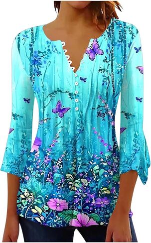 3/4 Length Sleeve Womens Tops Summer Floral Printed Tunic Shirts Dressy Casual Button V Neck Blouses Cute Boho Tshirt in Saudi Arabia