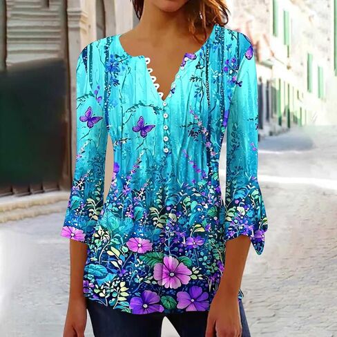 3/4 Length Sleeve Womens Tops Summer Floral Printed Tunic Shirts Dressy Casual Button V Neck Blouses Cute Boho Tshirt in Saudi Arabia