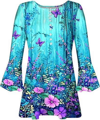 3/4 Length Sleeve Womens Tops Summer Floral Printed Tunic Shirts Dressy Casual Button V Neck Blouses Cute Boho Tshirt in Saudi Arabia