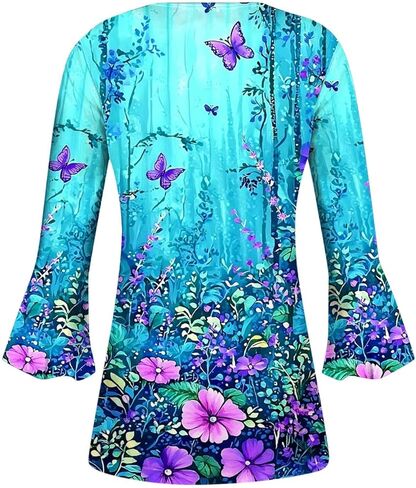 3/4 Length Sleeve Womens Tops Summer Floral Printed Tunic Shirts Dressy Casual Button V Neck Blouses Cute Boho Tshirt in Saudi Arabia