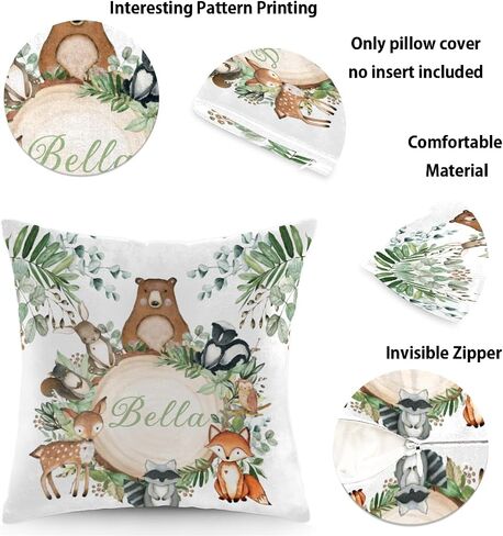 Personalized Baby Name Nursery Throw Pillow Cover for Baby Boy Girl Gift Custom Pillow with Name Personaized Throw Pillow Cove Sofa Couch Cushion Home Decor Pillow - Woodland Animals in Kuwait