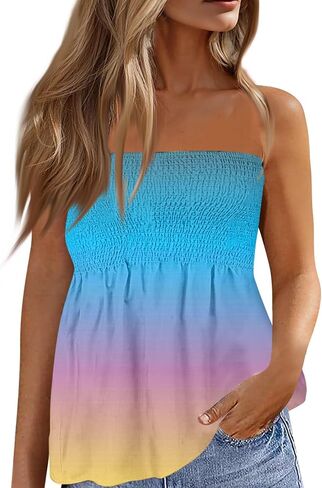 Womens Tube Tops Smocked Ruffled Off Shoulder Shirts Sleeveless Beach Tops Sexy Strapless Bandeau Print T-Shirt in Saudi Arabia