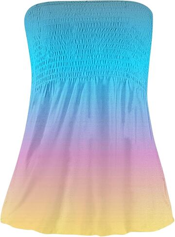 Womens Tube Tops Smocked Ruffled Off Shoulder Shirts Sleeveless Beach Tops Sexy Strapless Bandeau Print T-Shirt in Saudi Arabia