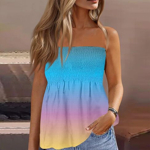 Womens Tube Tops Smocked Ruffled Off Shoulder Shirts Sleeveless Beach Tops Sexy Strapless Bandeau Print T-Shirt in Saudi Arabia