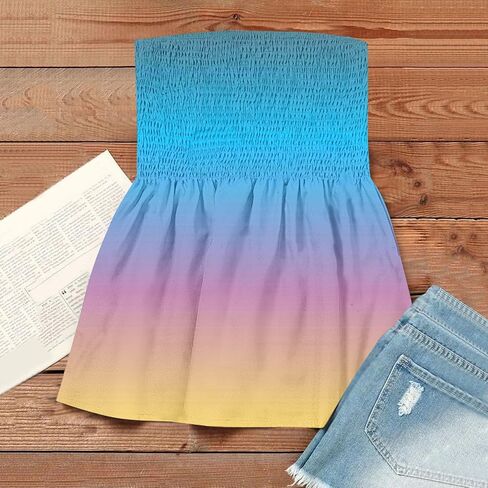 Womens Tube Tops Smocked Ruffled Off Shoulder Shirts Sleeveless Beach Tops Sexy Strapless Bandeau Print T-Shirt in Saudi Arabia
